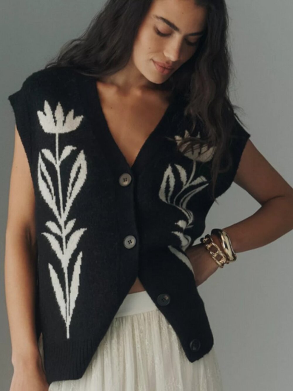 By Anthropologie Button-Front Sweater Vest Cardigan Black Floral Size L NWT - Picture 5 of 6
